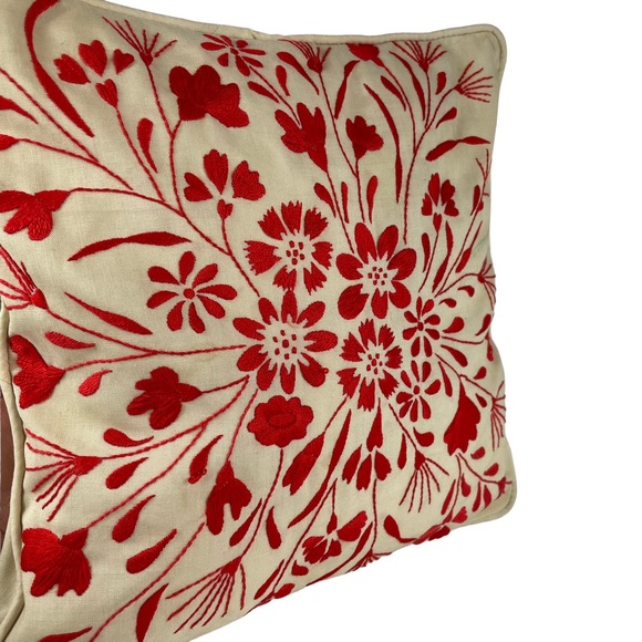Vintage Floral Embroidered Square Accent Pillow Cream Red Small Couch Chair 14” - Picture 15 of 16